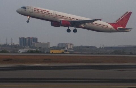 An Air India aircraft takes off at Kempegowda International Airport in Bengaluru on April 12, 2024.(AFP)