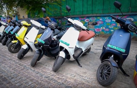 Ola Electric S1 Pro electric scooters lined up