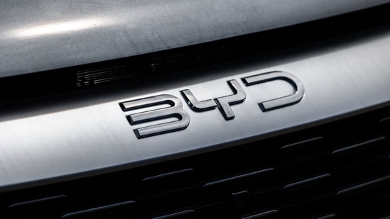 The BYD Co. badge on an electric vehicle (Bloomberg)