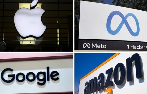 This photo combo of images shows logos for Apple, Meta, Google and Amazon. (AP)