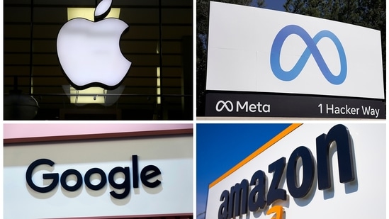 This photo combo of images shows logos for Apple, Meta, Google and Amazon. (AP)