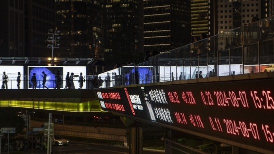 An electronic ticker displays stock figures in Shanghai, China.(Bloomberg)