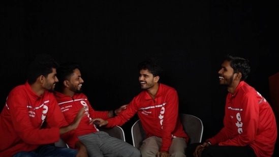 Deepinder Goyal shared two pictures- in the first image the employees are seen wearing red Zomato T-shirts and in the second they are sitting around a table engaging in a conversation.