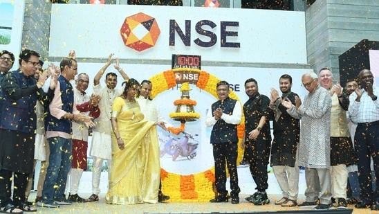 Bhavish Aggarwal with wife Rajalakshmi Aggarwal at NSE debut day.(X/@bhash)