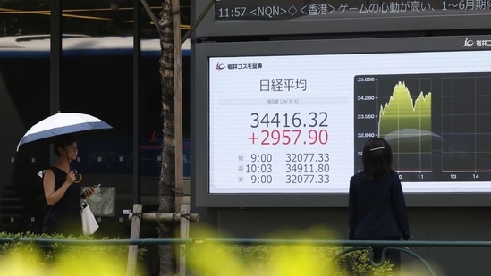 An electronic stock board displays the Nikkei 225 Stock Average outside a securities firm in Tokyo, Japan.(Bloomberg)