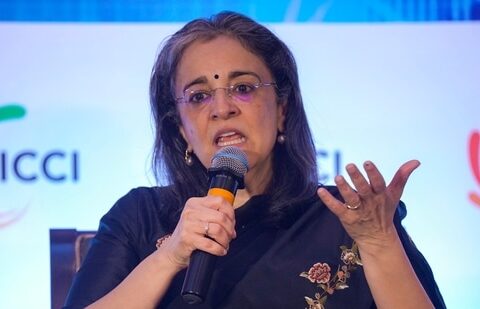 Securities and Exchange Board of India (SEBI) Chairperson Madhabi Puri Buch speaks during the Annual Capital Markets Conference 2024, in Mumbai, Friday, Aug. 2, 2024. (Shashank Parade/PTI)