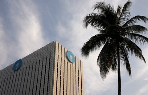 The logo of State Bank of India (SBI) is seen on the facade of its headquarters in Mumbai, India, April 12, 2023. (Niharika Kulkarni/Reuters)(REUTERS)