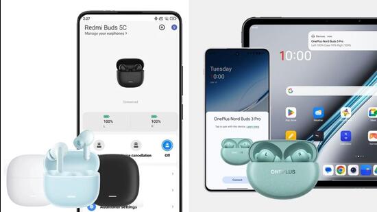 The Xiaomi Redmi Buds 5c (left) and the OnePlus Nord Buds 3 Pro. (Official images)