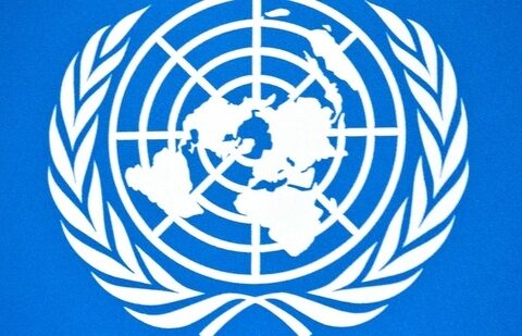 UN logo detail from a press conference background at the United Nations headquarters.(AP)