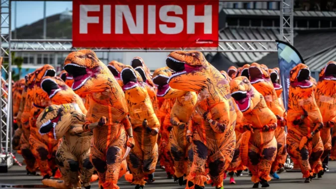 T-Rex Charity Run: More than 500 UK runners set unofficial record with giant T-rex charity run