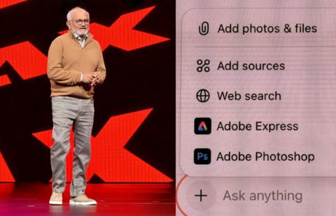 Adobe CEO Shantanu Narayen shares his vision for the AI era, and (right) first glimpse at an upcoming connector for Express and Photoshop within ChatGPT. (Vishal Mathur/ HT Photo)