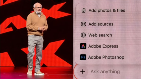 Adobe CEO Shantanu Narayen shares his vision for the AI era, and (right) first glimpse at an upcoming connector for Express and Photoshop within ChatGPT. (Vishal Mathur/ HT Photo)