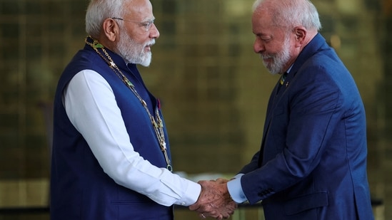 India's Prime Minister Narendra Modi and Brazil's President Luiz Inacio Lula da Silva in Brasília in July 2025. Both India and Brazil are founding members and de facto leaders of the BRICS, the bloc of emerging world powers that Donald Trump loathes. (Reuters)