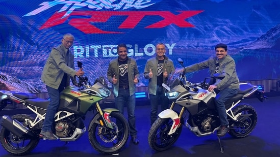 The management of TVS Motor Co. at the launch event for the TVS Apache RTX in Theog, Himachal Pradesh, on Wednesday, 15 October 2025. (Handout)