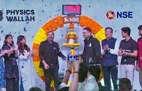 PhysicsWallah share price soars nearly 50% on debut for over $5-billion valuation| Business News Physics Wallah co-founder Alakh Pandey and Prateek Maheshwari at the listing ceremony of their company at the National Stock Exchange in Mumbai on Tuesday (18 November 2025). (NSE)