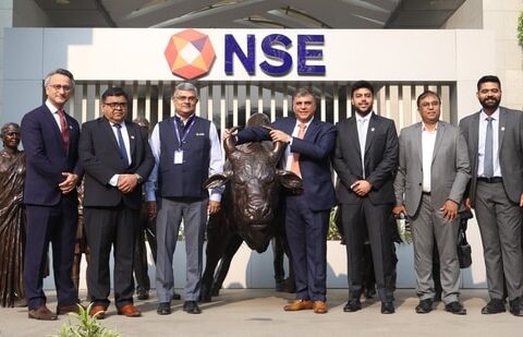 Officials of Sudeep Pharma ahead of the listing ceremony at the National Stock Exchange on Friday, 28 November 2025. Earlier, the Sudeep Pharma IPO was subscribed 93.71 times over the issue size of  ₹800 crore. (NSE)