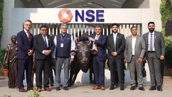 Officials of Sudeep Pharma ahead of the listing ceremony at the National Stock Exchange on Friday, 28 November 2025. Earlier, the Sudeep Pharma IPO was subscribed 93.71 times over the issue size of  ₹800 crore. (NSE)