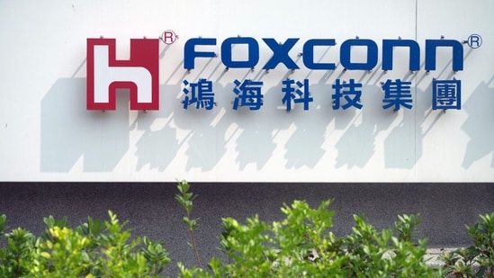 Signage at the Foxconn Technology Co. battery cell plant in Kaohsiung, Taiwan (Bloomberg)