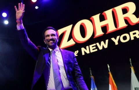 Democratic candidate for New York City mayor, Zohran Mamdani, waves on stage after winning the 2025 New York elections, at an election night rally in the Brooklyn, New York, on 4 November 2025. (Reuters)