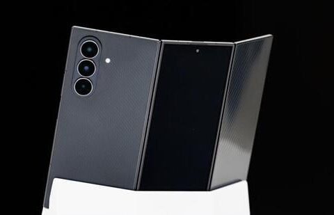 A Samsung Galaxy Z TriFold smartphone on display during a media preview in Seoul, South Korea. (Bloomberg)