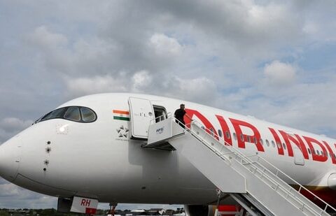 FILE PHOTO: Branding for Air India is seen on an Airbus A350-900 at the Farnborough International Airshow, in Farnborough, Britain, July 24, 2024. REUTERS/Toby Melville/File Photo (REUTERS)
