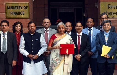 Nirmala Sitharaman with her finance ministry colleagues ahead of Union Budget 2025 on 1 February 2025. (ANI)