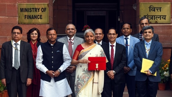 Nirmala Sitharaman with her finance ministry colleagues ahead of Union Budget 2025 on 1 February 2025. (ANI)