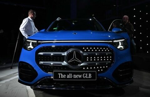 The logo of a Mercedes Benz GLB type is seen during the launch of its series production at the plant in  Kecskemet, Hungary on January 19, 2026. (Photo by Attila KISBENEDEK / AFP) (AFP)