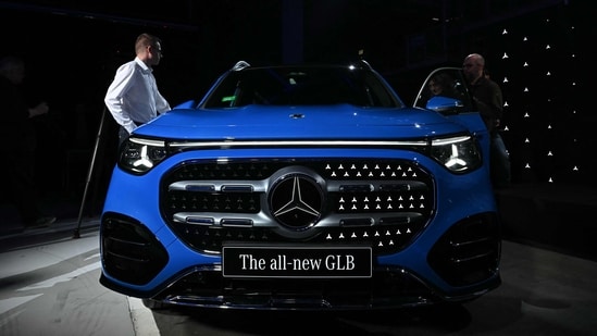 The logo of a Mercedes Benz GLB type is seen during the launch of its series production at the plant in  Kecskemet, Hungary on January 19, 2026. (Photo by Attila KISBENEDEK / AFP) (AFP)