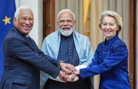 Prime Minister Narendra Modi with European Council President António Luís Santos da Costa and European Commission President Ursula von der Leyen, at Hyderabad House in New Delhi on Tuesday. (DPR PMO)