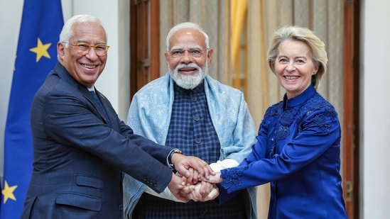 India, EU seal ‘mother of all trade deals’ to benefit two billion people| Business News Prime Minister Narendra Modi with European Council President António Luís Santos da Costa and European Commission President Ursula von der Leyen, at Hyderabad House in New Delhi on Tuesday. (DPR PMO)