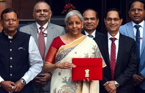 Finance Minister Nirmala Sitharaman with her colleagues at the finance ministry before presentation of Union Budget 2025 on 1 February 2026. (ANI)