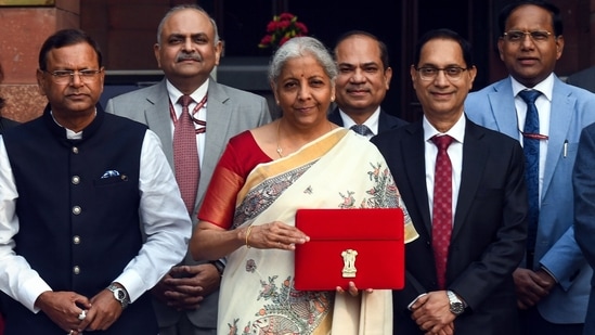 Finance Minister Nirmala Sitharaman with her colleagues at the finance ministry before presentation of Union Budget 2025 on 1 February 2026. (ANI)