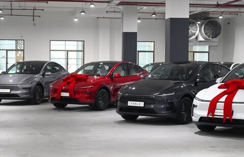 Cars on display at Tesla’s facility in Gurugram, India. (Parveen Kumar/HT)
