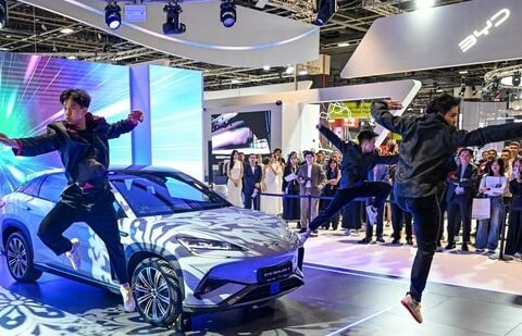 Performers drawing attention to a BYD Sealion 7 electric vehicle at the Singapore motor show in Singapore last year.