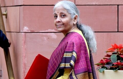 Union finance minister Nirmala Sitharaman at Parliament to present the Union Budget 2026 in New Delhi on Sunday. (Rahul Singh/ANI Photo)