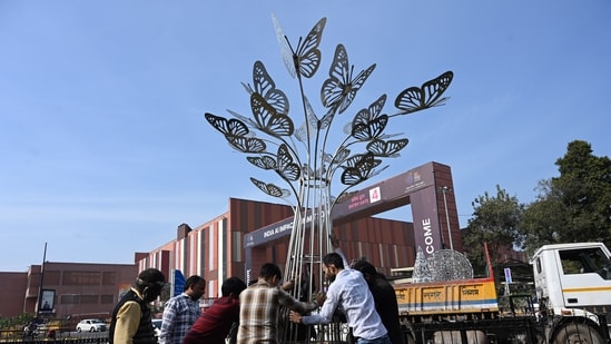 Beautification work underway near Bharat Mandapam in New Delhi, ahead of the India AI Impact Summit 2026, scheduled for 16-20 February. (Sonu Mehta/HT)