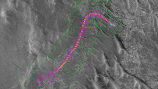 Perseverance covered approximately 400 metres through a field of rocks on the Martian surface, in a route mapped by Claude. (NASA)