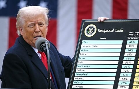 (File) US President Donald Trump holds a chart as he delivers remarks on reciprocal tariffs during an event in the Rose Garden entitled "Make America Wealthy Again" at the White House in Washington DC, on 2 April 2025. (AFP)