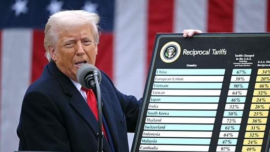 (File) US President Donald Trump holds a chart as he delivers remarks on reciprocal tariffs during an event in the Rose Garden entitled "Make America Wealthy Again" at the White House in Washington DC, on 2 April 2025. (AFP)