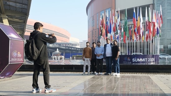 Visitors at the India AI Impact Summit at Bharat Mandapam, in New Delhi, India, on Monday, 16 February 2026. (Sanjeev Verma/HT)