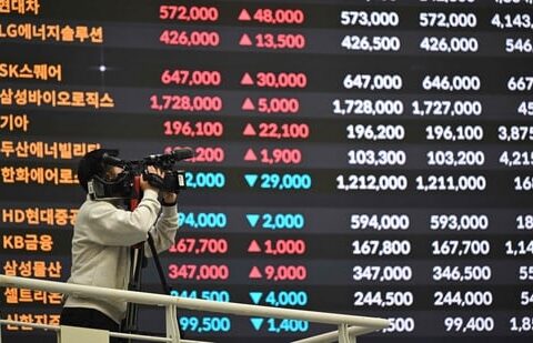 The KOSPI dashboard at the Korea Exchange in Seoul. (AFP)