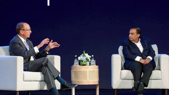 Reliance Industries Chairman & MD Mukesh Ambani interacts with Chairman & CEO of BlackRock Larry Fink. (Jioblackrock mutual fund youtube)