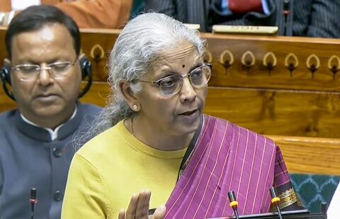 Finance Minister Nirmala Sitharaman presents the 'Union Budget 2026-27' in the Lok Sabha, in New Delhi, Sunday, Feb. 1, 2026. (Sansad TV via PTI Photo) (Sansad TV)