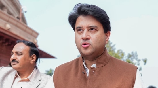 Union Minister Jyotiraditya Scindia, after the presentation of the 'Union Budget 2026-27', at the Parliament premises in New Delhi, on Sunday. (PTI)