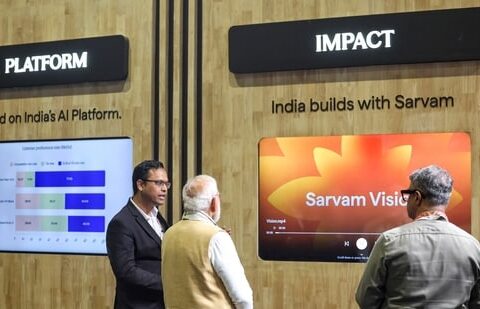 Sarvam AI co-founder Pratyush Kumar and Prime Minister Narendra Modi at the company's pavilion at the India AI Summit in New Delhi on Monday, 16 February 2026. (PMO)
