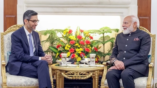 New Delhi, Feb 18 (ANI): Google CEO Sundar Pichai meets Prime Minister Narendra Modi, in New Delhi on Wednesday. (DPR PMO/ANI Photo) (DPR PMO)