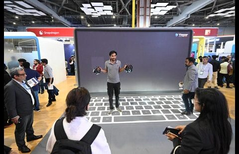 Visitors at the Microsoft pavilion at the AI Impact Summit 2026 at Bharat Mandapam in New Delhi on Tuesday. (Sanjeev Verma/HT Photo)