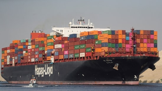 A container ship in the Suez Canal. The Suez Canal handles roughly 30% of global container trade, and for India, it is the primary gateway for exports to North Africa and the Mediterranean. (Reuters)