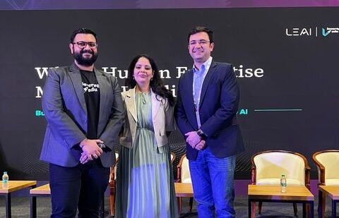 Akshay Chaturvedi, Founder and CEO of Leverage Edu (left) along with representatives of the company at the AI Impact Summit India.